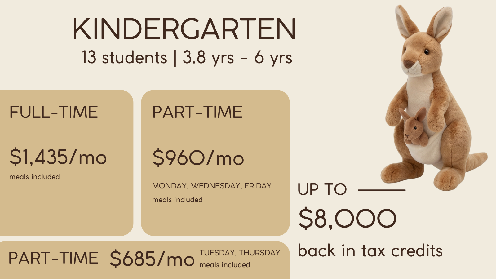 Koalaroo Wallabies kindergarten prep monthly fees in Barrie — full-time and part-time pricing