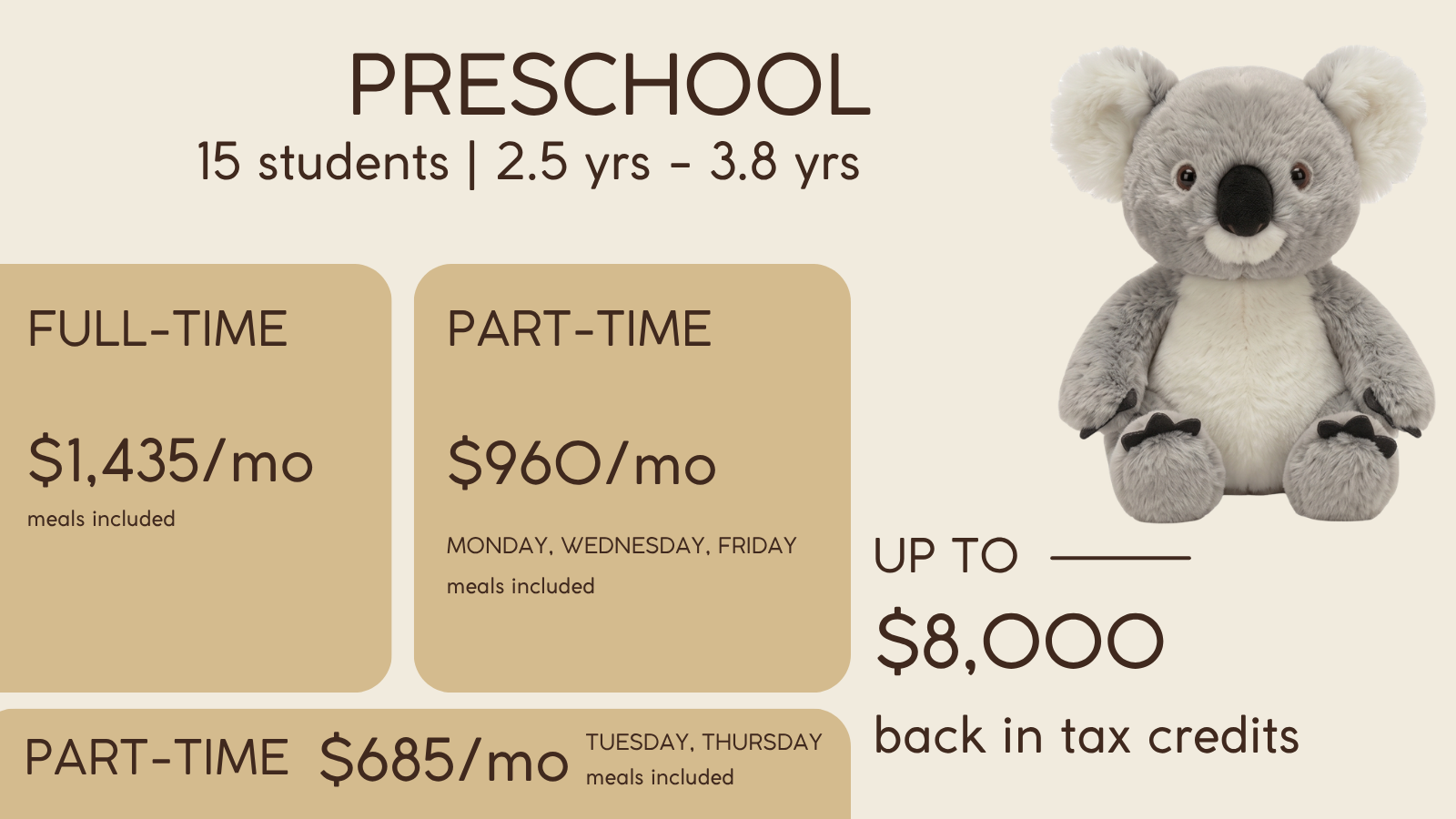 Koalaroo Joeys preschool monthly fees in Barrie — full-time and part-time pricing